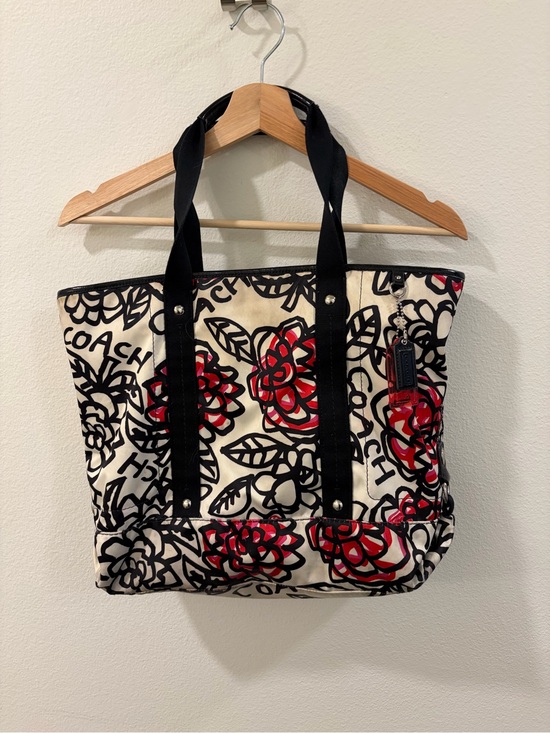 Coach Handbags - Coach Floral Satin Tote Bag in Cream, Black & Red